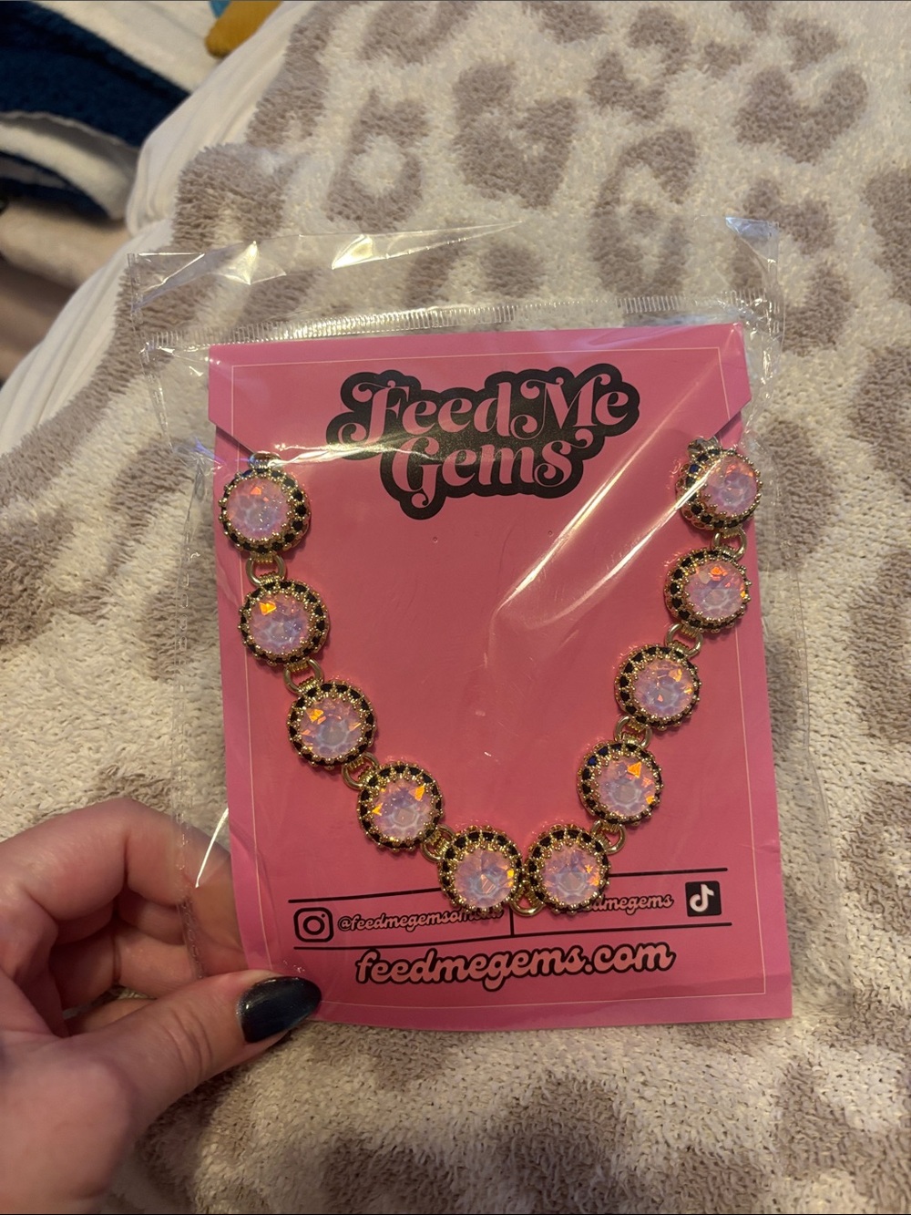 Feed Me Gems pink iridescent with black onyx stones Queen necklace
